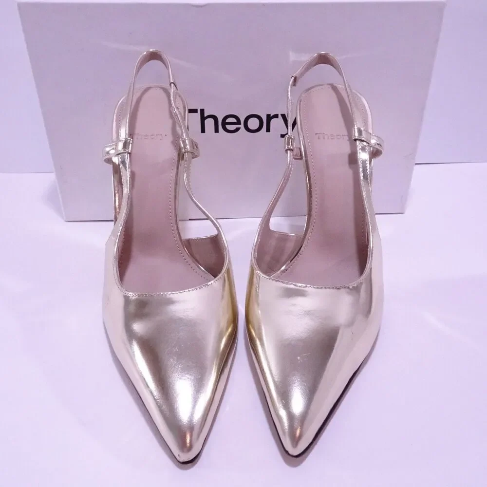 Theory Women's Slingback Wedge Pump in Metallic Leather $395 Sz 38 GOLD